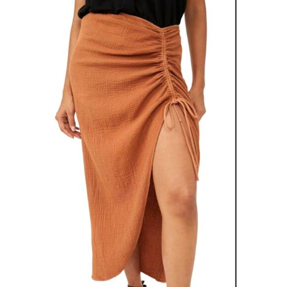Free‎ People rust orange crepe ruched drawstring midi skirt